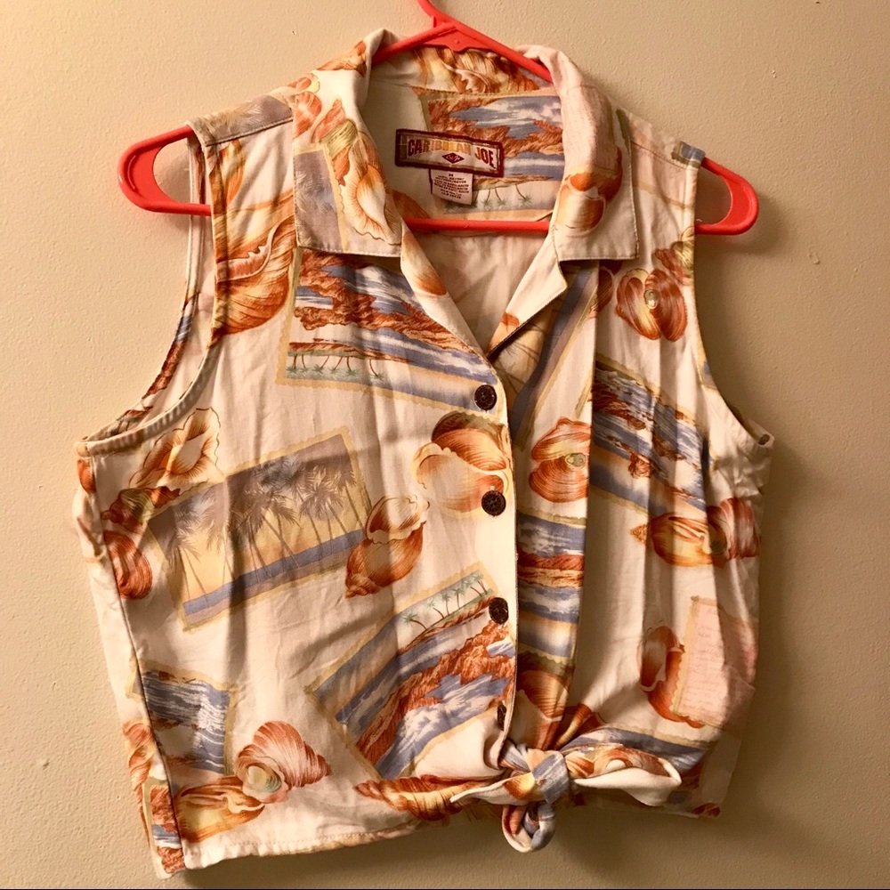 Caribbean Joe Beach Hawaiian Print Tie Front Tank
